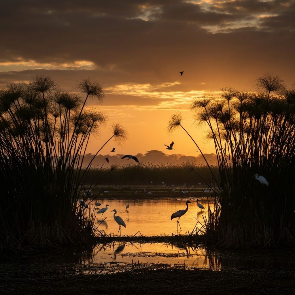 Wetland at sunrise with golden light